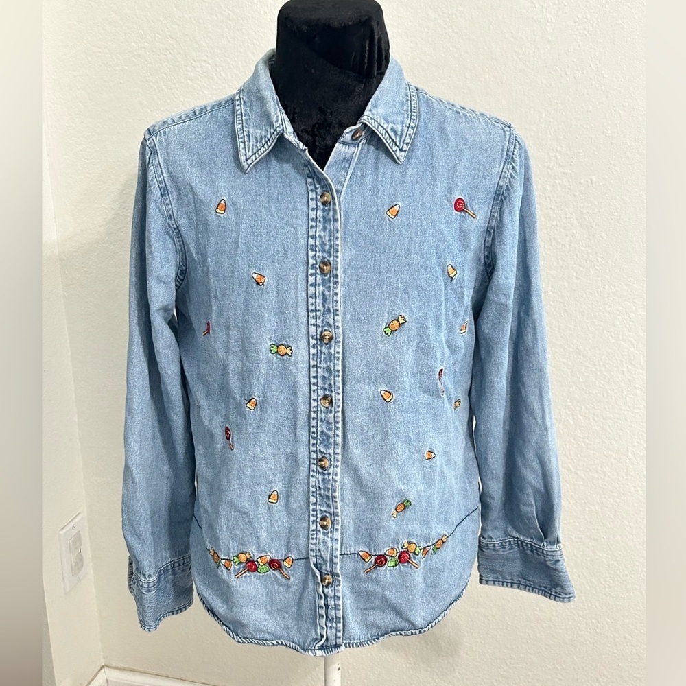 Holiday Editions Embroidered Denim Button-Up Shirt